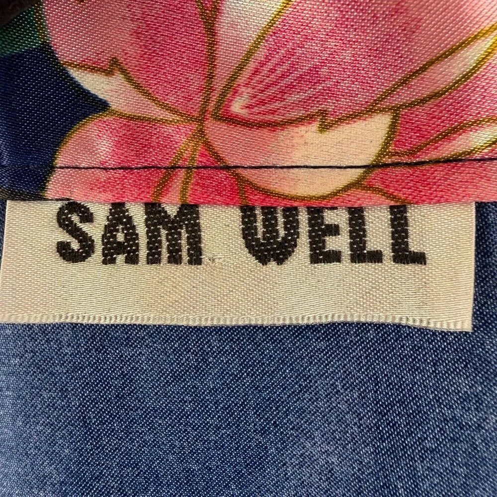 Sam Well Womens M Satin Kimono Robe Navy Peacock Floral Belted Asian Inspired